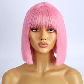 WTHCOS Pink Wigs for Women Girls Short Straight Pink Bob Wig with Bangs Heat Resistant Synthetic Wigs for Cosplay Costume Party