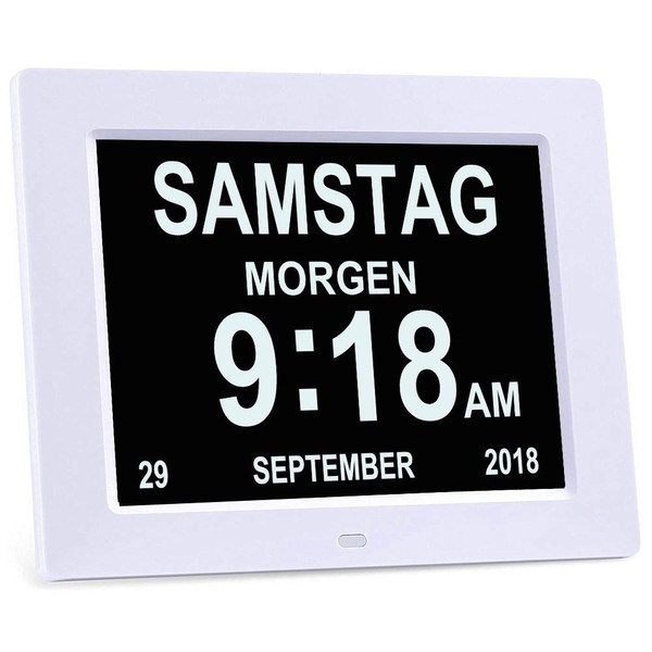 SENXINGYAN 8 Inch Digital Alarm Clock, Digital Calendar Day Clock for Dementia Visually Impaired, Children, Seniors, Visually Impaired and Alzheimer's Patients (White)