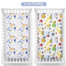 2 Pack Cot Bed Fitted Sheets 140 x 70cm for Girl Boys | Bedding For Cot bed | Easy Care Soft Cotton and Dureable, Unique Car & Dinosaur Pattern Baby Crib Sheets