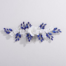 Xerling White Flower Royal Blue Rhinestone Hair Comb Bridal Wedding Floral Side Comb Women Hair Accessories Headpiece Head Jewelry for Brides Prom Gift (Royal Blue)