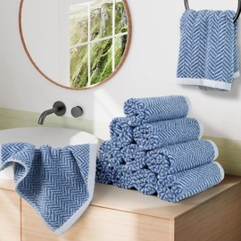 Cleanbear Wash Cloths, 12 Washcloths for Showering with Decorative Herringbone Stripes, 100% Cotton, Light Blue, 13 x 13 Inches
