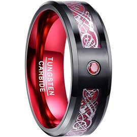 083BASE Mens Dragon Pattern Tungsten Ring 8mm Width Cubic Zirconia Inlay Available in Blue, Black and Red - Tungsten Carbide Ring for Men