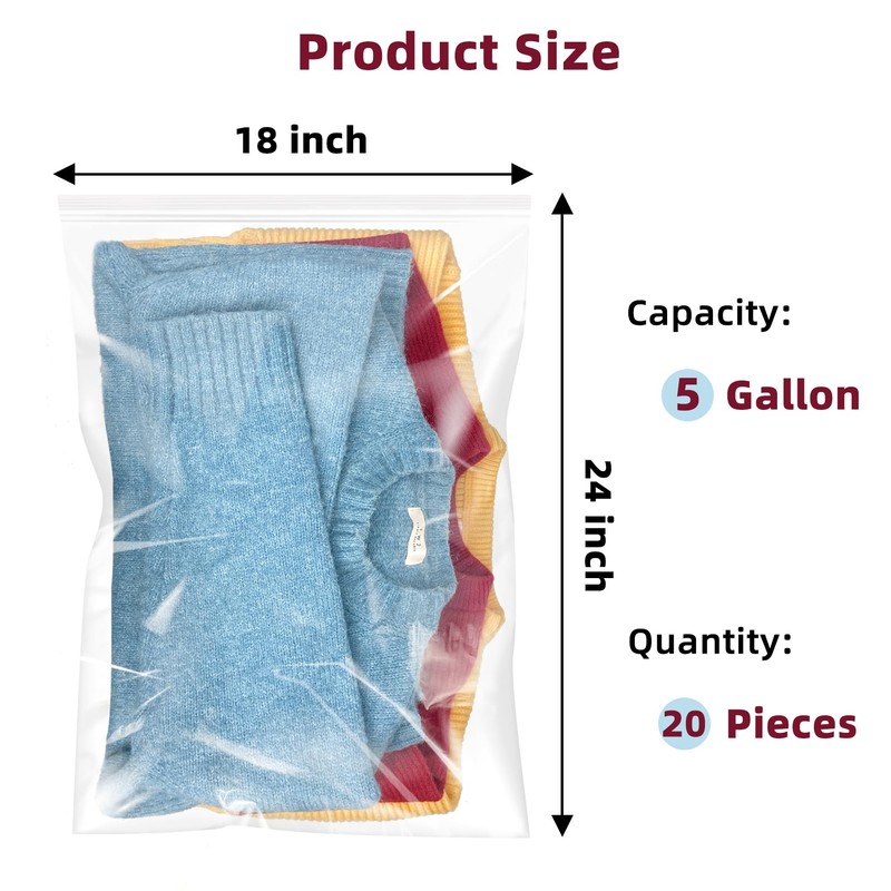Yotelab Large 5 Gallon Plastic Zipper Storage Bags, 18x24 Inches