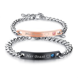 2pcs Couples Womens Mens Bracelets, Cupimatch Stainless Steel Bangle Bracelet with Engraved His Beauty Her Beast Rosegold Silver Black