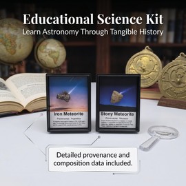 Authentic Meteorite Gift Set – 2 Real Space Specimens (1–3g Each) in Gift Box with Acrylic Display Case & Magnifying Glass – Argentina Iron & Morocco Stone Meteorites