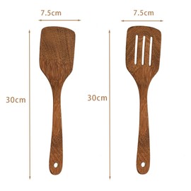 Set of 2 Wooden Spatulas (30 cm), Spatula, Wooden Spatula, Wooden Scraper, Kitchen Utensil Wood, Spatula Set, with Long Handle and Slotted Turner, Kitchen Spatula Set, Protection Against Scratches for