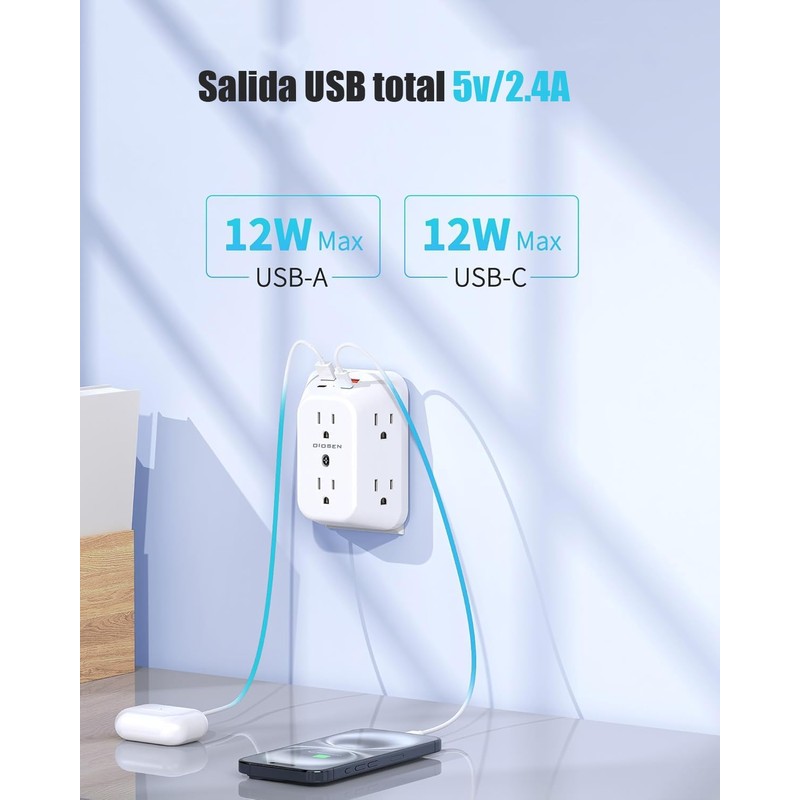 OIOSEN Enchufe múltiples de Pared, Extensor de Enchufe de 6