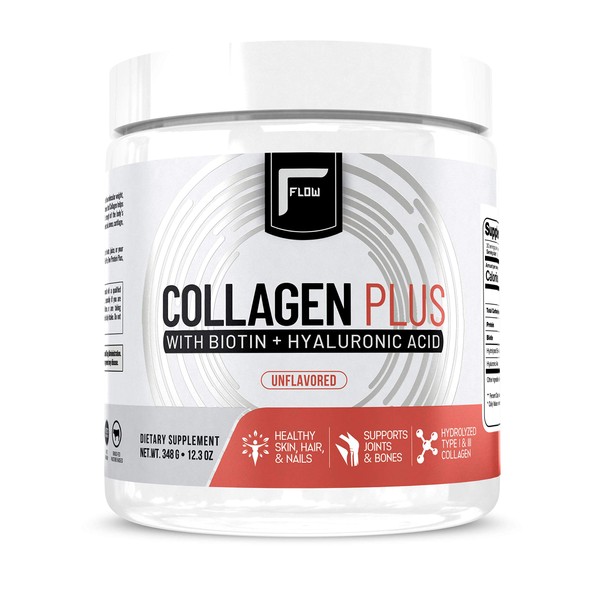 Flow Supplements, Collagen Plus with Biotin + Hyaluronic Acid, Hydrolyzed Type I and III Collagen Peptides, Keto Friendly + Non GMO Verified Collagen Powder Supplement, Unflavored, 30 Servings
