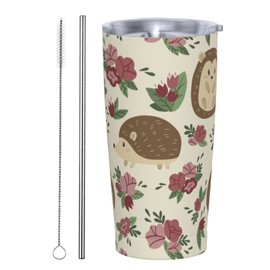 Bonito vaso de café de viaje con tapa abatible, diseño de erizos y flores rosas, con aislamiento de 20 onzas, regalo para padre, madre, amiga, cumpleaños