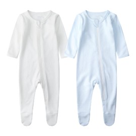 Owlivia Organic Cotton Baby Pajamas, Boys Girls 2-Pack Zip Front Sleep 'N Play, Footed Sleeper, Long Sleeve(0-3 Months, white+blue)