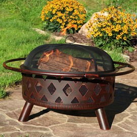 Sunnydaze Crossweave Outdoor Fire Pit - 30 Inch Deep Bonfire Wood Burning Patio & Backyard Firepit for Outside with Spark Screen, Fireplace Poker, and Metal Grate, Bronze