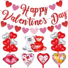 Red Glitter Happy Valentines Day Banner and Valentines Heart Garland Valentines Day Foil Balloons for Happy Valentine’s Day Party Decorations Valentines Wedding Anniversary Party Supplies