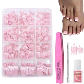 French False Toe Nails Set - 240Pcs Short Square Fake Toenails Kit - Pink French Tip Stick On Toenails With Glue - Glossy Full Cover Acrylic Stick On Nail For Women Girls Nail Art DIY Decorations Gift