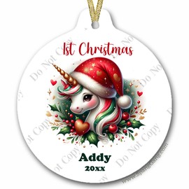 My First Ornament | Unicorn Yearly Tradition | Custom Gift for Little Girl | Baby's 1st Holiday Ornament | Gift Idea for Baby | Unicorn Lover | Unicorn Obsessed | Red and Green Unicorn Xmas | 2nd 3rd