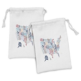 Lunarable USA Map Fabric Pouch Set of 2, Culture Tourist Names of American Town in Colorful Typography City Design, Small Drawstring Bag for Toiletries Masks and Favors, 9" x 6", Multicolor