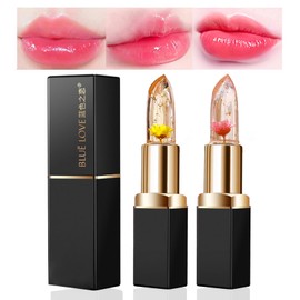 Color Changing Flower Lipstick, Jelly Temperature Change Clear Lipstick with Flower Inside, Hydrating Moistrurizer Lip Balm Long Lasting Chapstick Nourishing Lip Gloss for Dry Lips (Pink&Gold, 2PCS)