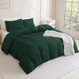 Litanika Dark Emerald Green Full Comforter Set, 3 Pieces Boho Vintage Seersucker Forest Bedding Set, All Season Fluffy Bed Set (79x90In Comforter & 2 Pillowcases)