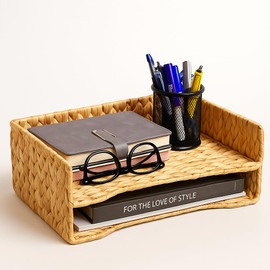 PINXIURY 2-Tier Water Hyacinth Letter Tray – Woven Paper & Mail Organizer for A4 Files, Magazines, Office Documents Desktop File Basket for Home Office Supplies