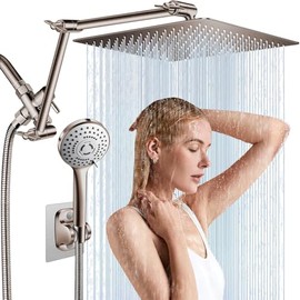 Cabezal de ducha de lluvia combinado de 12'', cabezal de ducha de lluvia de alta presión con brazo de extensión ajustable en altura/ángulo flexible de