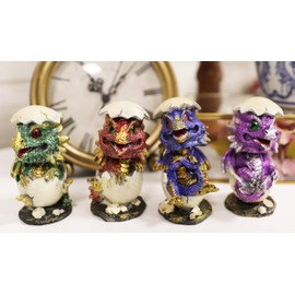 Ebros Gift Set of 4 Whimsical Wyrmling Baby Dragon Egg Hatchlings Bobblehead Figurines in Colorful Metallic Finish Fantasy Medieval Legends Mythical Collectible