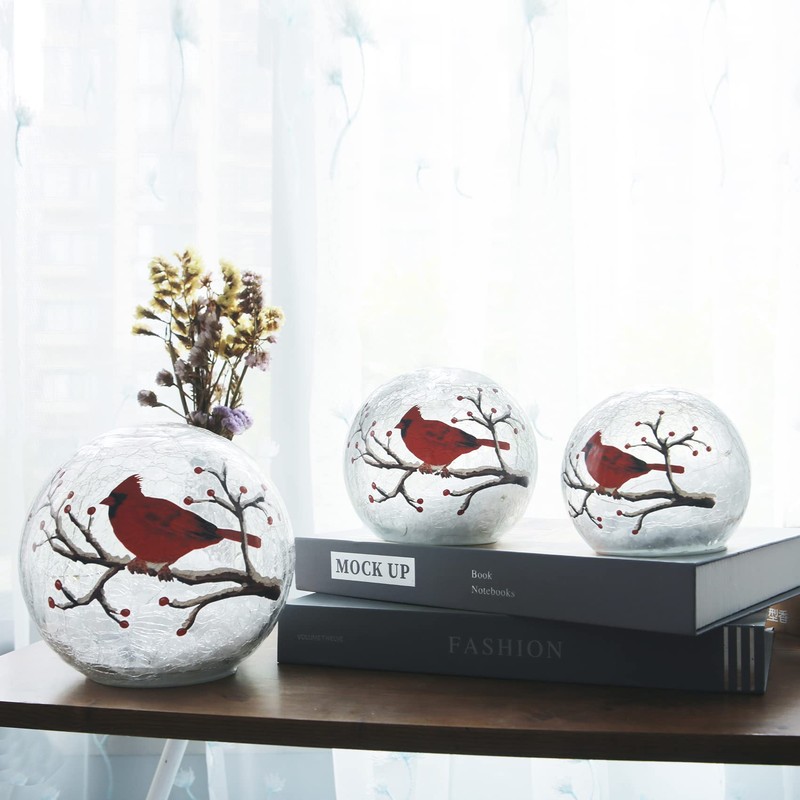 Crackle Glass Ball Cardinal Lamp with Timer, Light Up Red