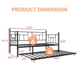 ODUWA Twin Size Metal Daybed with Pull Out Trundle, Modern 2 in 1 Sofa Bed Frame for Kids Teens Adults,Single Daybed Sofa Bed Frame for Bedroom Living Room Guest Room,No Box Spring Needed