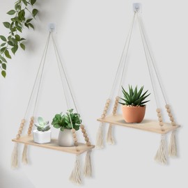 2 Pcs Wooden Wall Hanging Shelves, Macrame Hanging Plant Shelf with Tassel,Boho Storage Floating Shelves Handmade Rustic Hanger Planter Rack Pot Stand Holder for Bedroom Dorm Nursery Living Room