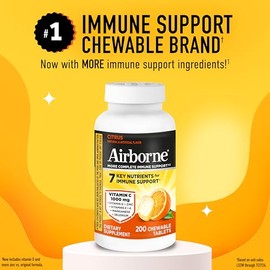 Airborne Citrus Chewable Tablets, 200ct | Immune Support Supplement with 1000mg Vitamin C + Vitamins A, D, E, Zinc,Selenium, & Manganese | Herbal Blen