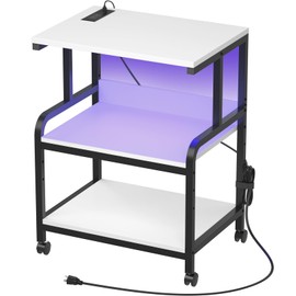 Homieasy Printer Stand with Charging Station and Led Lights, Large 3 Tier Rolling Printer Cart with Adjustable Storage Shelf, Printer Table with Wheels for Home Office, White