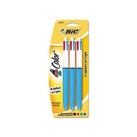 BIC 4-Colour Retractable Multi Colour Ball Point Pen - Pack of 3 (BLue, Black, Green, Red)