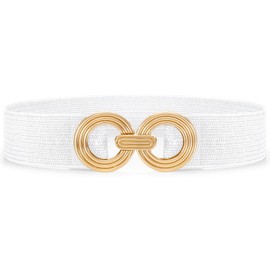 Waist Wow Straw Woven Elastic Belt for Women Fashion Wide Belts Stretchy Boho Belt Ladies Beach Dress Belt with Gold Buckles,white,27"