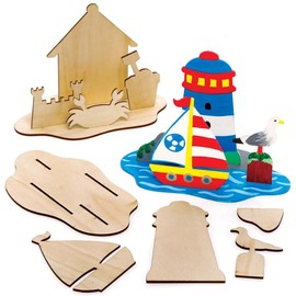 Baker Ross FE342 Seaside Wooden Scene Kits - Pack of 4, Woodcraft Construction Kits For Kids Arts and Crafts Projects