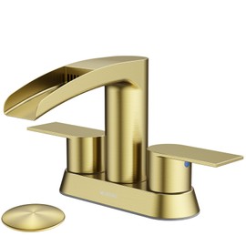 Bathroom Sink Faucet for 3 Hole, Hurran 4 Inch Faucets with Pop-up Drain, Stainless Steel 2-Handle Waterfall Faucet for Bathroom Sink, Brushed Gold