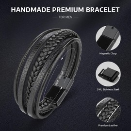 Lian Leather Bracelet for Men Braided Leather Bracelet in Black & Brown Magnetic Stainless Steel Clasp 23CM Cuff Wristband Bracelet Gifts for Graduation Fathers Day Boyfriend Birthday Christmas
