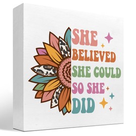 z-crange She Believed She Could so She Did Motivational Wood Box Sign Desk Decor,Retro Groovy Preppy Sunflower Wooden Box Block Sign for Home Office Dorm Shelf Table Decor Decorations