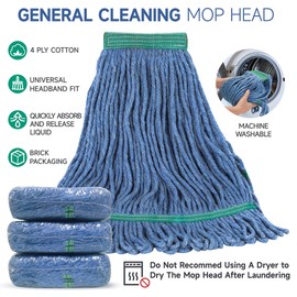 ONESIMUS 20oz Pack of 3 Heavy Duty Cotton Looped End Mop Head Replacements, String Mop Head for Commercial&Residential Floor Cleaning, Industrial Wet Mop Head Refills - Blue Washable&Reusable Mop