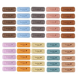 BuxiuGK 50 Pcs Leather Tag Labels Embossed Tags with Holes Microfiber Colorful Handmade with Love Heart for Garment DIY Handmade Jeans Bags Hats Shoes Tag