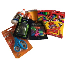Classroom Supply Pack Bundle -Safety-Edge Scissors, 24 Crayons, 12 color pencils, 20 pencils with sharpener, Elmer's Glue sticks, 4oz Elmer’s Glue, 10 washable markers, 25 eraser toppers.