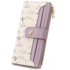 GAEKEAO Womens Wallet Slim Thin RFID Blocking Floral Vegan Leather Card Holder Bifold with Zipper Pocket Long Ladies Wallet