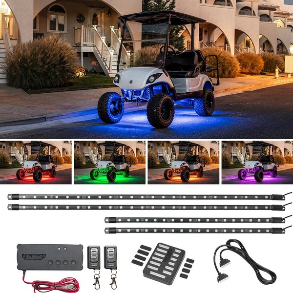 LEDGlow 4pc Expandable Million Color LED Electric Golf Cart Underglow Accent Neon Lighting Kit Compatible with EZGO Yamaha Club Car - Fits 36/48/72-Volt Electric Golf Carts - Built-in Voltage Reducer
