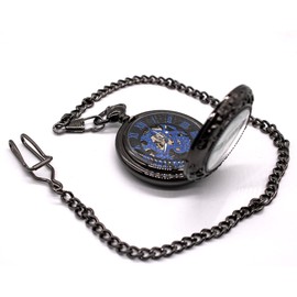 TruClothing Mechanical Skeleton Half Hunter Vintage Pocket Watch with Chain - Black One Size
