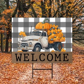 Welcome Thanksgiving Yard Sign, Harvest Fall Autumn Pumpkins Seasonal Holiday Outdoor Thanksgiving Truck Yard Decoration with Metal H-Stake, VP3854