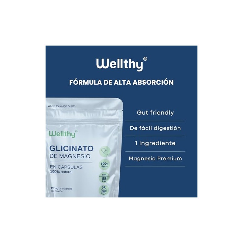 Wellthy Glicinato de Magnesio 220 Cápsulas 432mg. 100 Natural, Alta