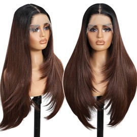 13x4 Synthetic Lace Front Wigs Pre Plucked Auburn with Black Root 26 Inch Long Layered Straight Wigs For Women 100% Futura Premium Fiber Ready to Wear Wig With Bangs Daily Party Use