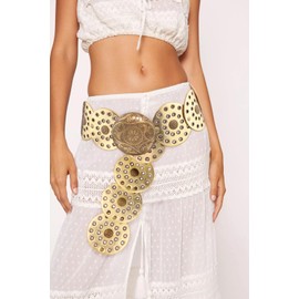 Putcuku Wide Disc Belts for Women Vintage Western Waist Belt Concho Leather Disk Belt Boho Belt (Gold-M)