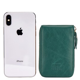 BRASS TACKS Leathercraft Credit Card Holder Zipper Wallet Card Holder for Men Women Genuine Leather RFID Blocking Mini Mint Green Vintage