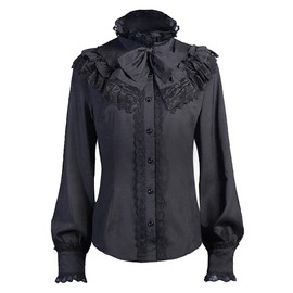 stmoitz Womens Victorian Blouse Renaissance Shirts Medieval Vintage Long Sleeve Stand Collar Lotus Ruffled Gothic Tops, Black 01, Medium
