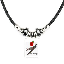 Lest We Forget Spitfire Military Black Soft Rope Necklace With Velvet Gift Bag