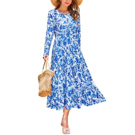 STYLEWORD Womens Fall Dresses 2024 Casual Long Sleeve Midi Dress A Line Flowy Formal Party Going Out Dresses Pockets (White Blue Floral,S)