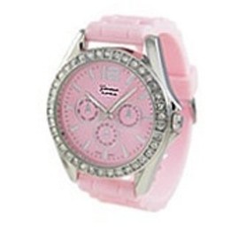 Geneva Platinum 7846 Women's Decorative Chronograph Rhinestone-accented Silicone Watch-PINK/SIL